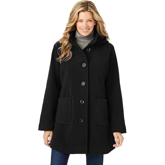 Woman Within Black Fleece Hooded Coat 14W Plus Size Button Front Jacket - Picture 1 of 15